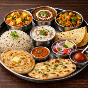 Paneer Butter Mushroom, Dal Makhani, Mix Veg., Mix Raita, 1 Laccha Paratha, 2 Butter Naan, Jeera Rice, Onion Salad, 1 Gulab Jamun, Papad