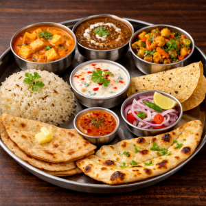 Sahi Paneer, Dal Makhani, Mix Veg., Jeera Rice, Raita, 2 Butter Roti, 1 Butter Naan, Onion Salad, Papad