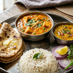 Matter Paneer, Dal Fry, Rice, Onion Salad, 4 Butter Roti